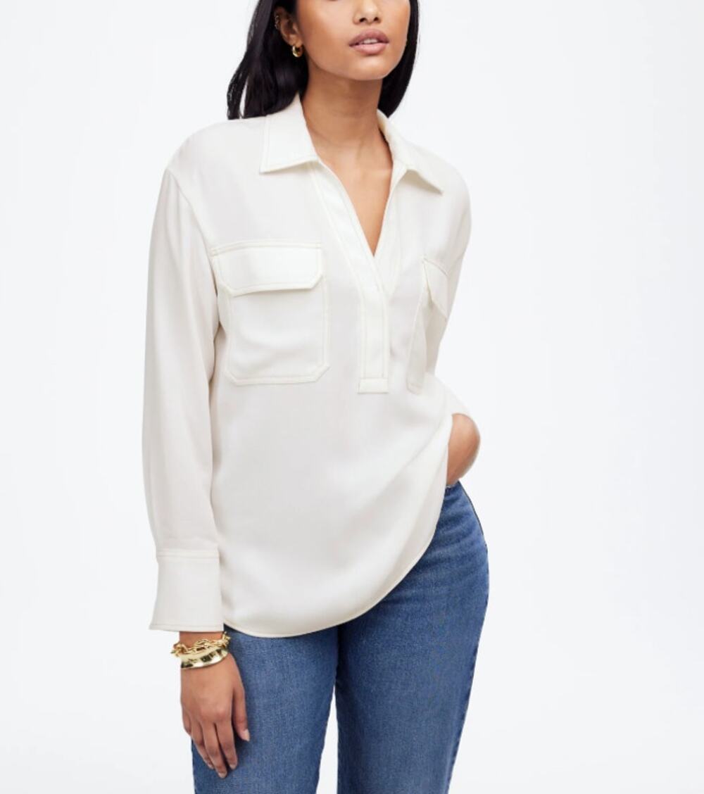Madewell Contrast-Stitch Popover Shirt Womens XS White Long Sleeve Regular Fit